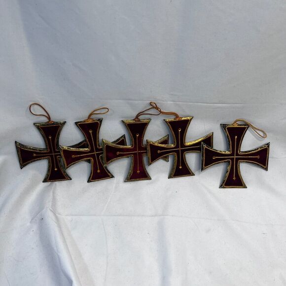 Christmas Ornaments German Cross Set of 5 Red Velvet Gold Trim - Picture 5 of 7